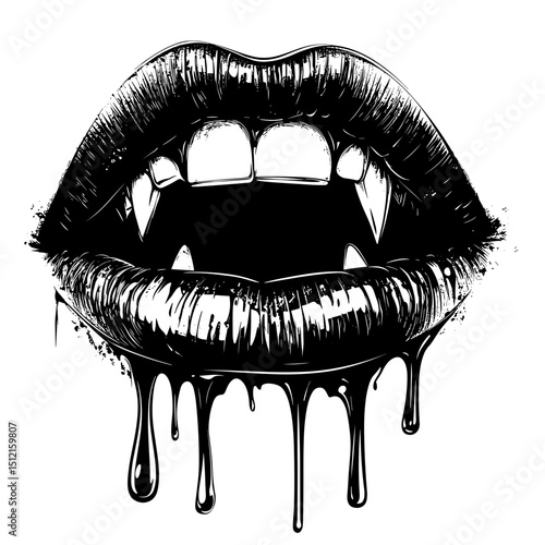 Intriguing black and white illustration of a set of vampiric lips, the detailed drawing evokes a sense of the supernatural, gothic charm and eerie beauty.