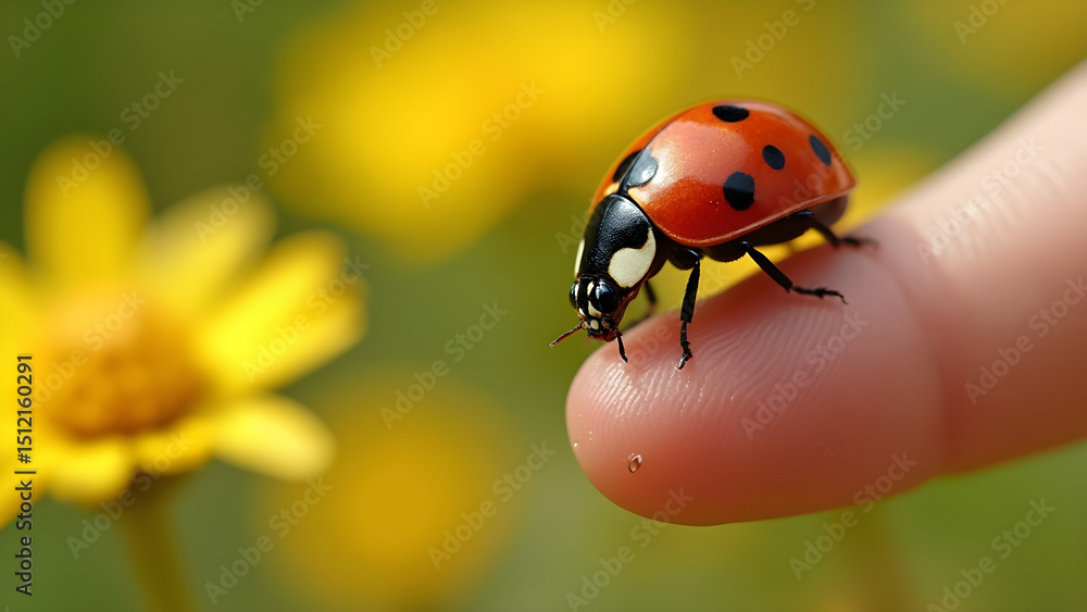 ladybug on child's finger. garden of daisies. ultra realistic nature scene. close-up of ladybug and flowers. ladybug on child's finger. garden of daisies. ultra realistic nature scene. close-up of ladybug and flowers.