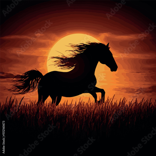 black silhouette of a beautiful horse against a sunset background, vector, graphics
