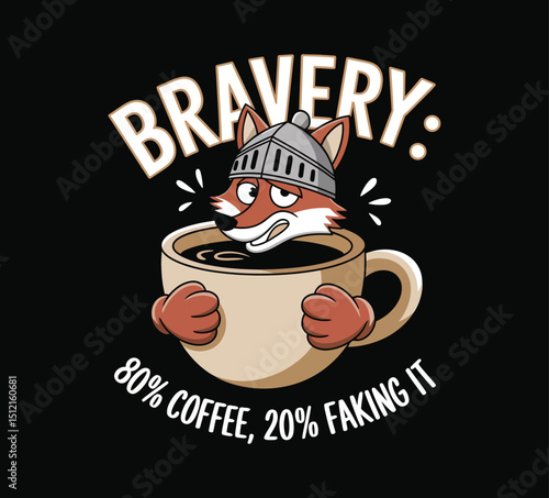 Cartoon Fox Knight Wearing Helmet in Coffee Cup on Transparent Background