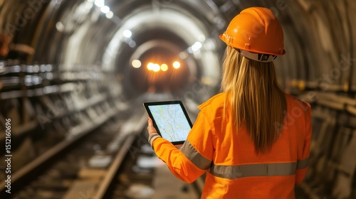 Engineer in Safety Gear Using Tablet in Underground Tunnel Environment