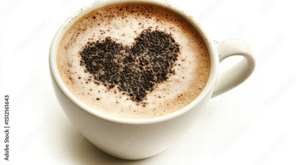 Heart-Shaped Coffee Foam Art in White Mug on Bright Background Heart-Shaped Coffee Foam Art in White Mug on Bright Background