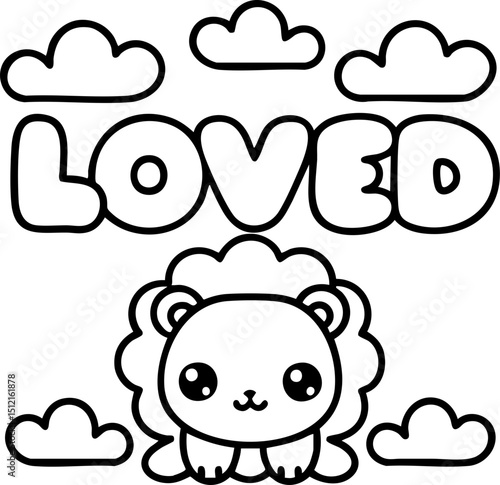 Cute Cartoon Lion with Clouds and the Word Loved in Playful Typography