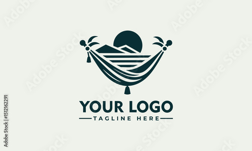 Traditional fabric hammock suspended by rope loops drawn in minimalistic hand-drawn style. Relaxation concept
