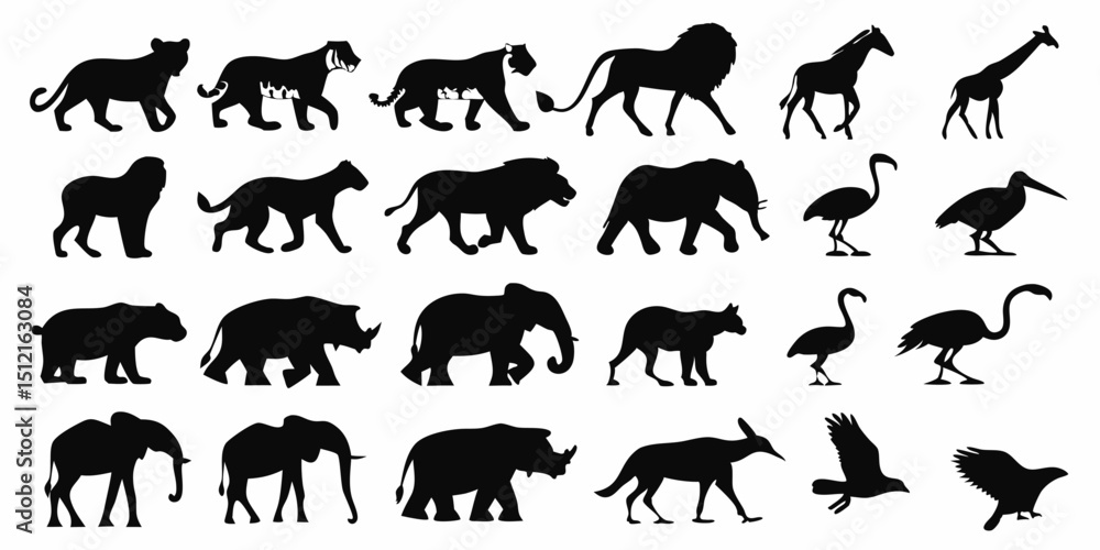 Naklejka premium Various animals rendered in black silhouette form, celebrating the wild world’s striking visual diversity.