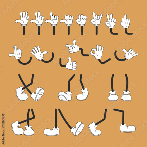 Set of cartoon characters legs and arms in different poses. Collection of comic legs and arms for retro characters of 70s. Retro-smoky hippie illustration for sticker.