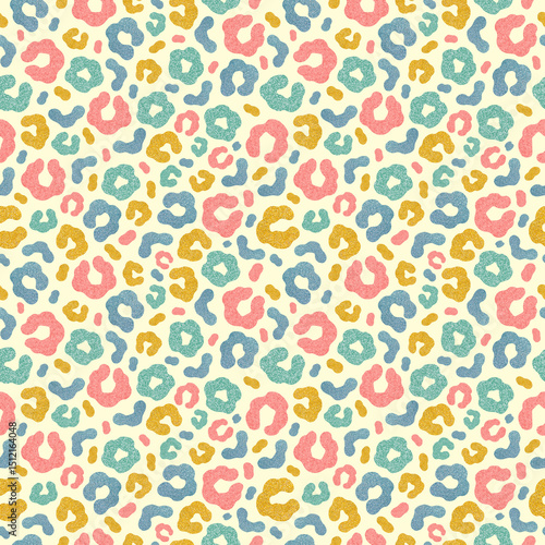 Abstract seamless chaotic leopard print with gold glitter. Colourful texture background. Wallpaper for girls. Fashion style animal pattern