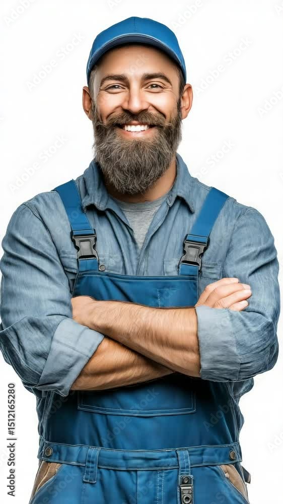 Confident male mechanic in workwear, white backdrop. Confident male mechanic in workwear, white backdrop.