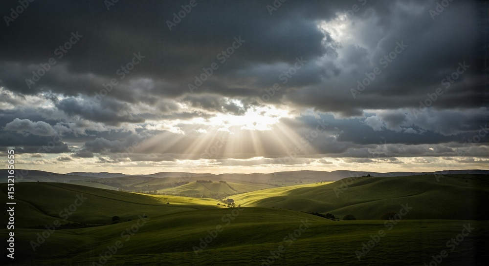 Obraz premium Expansive green landscape under dramatic cloudy sky with sunlight 