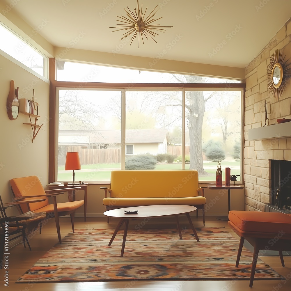 Fototapeta premium Bright mid-century modern living room, sunburst clock, sleek lines, patterned rug