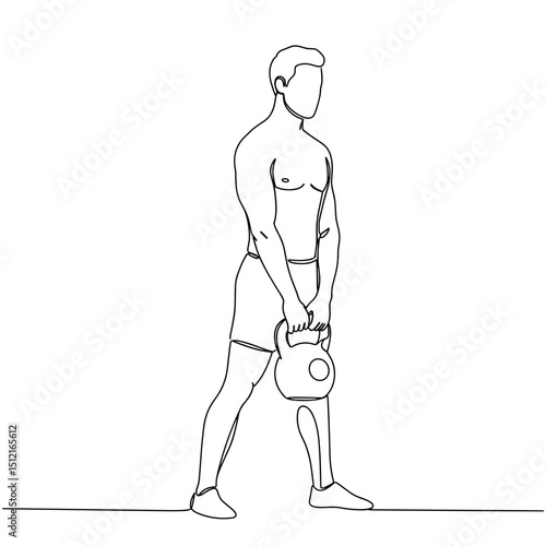 Man lifting kettlebell while standing in athletic pose for strength training  