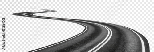 Automobile road, two-lane curved asphalt road going into the distance on a transparent background. Realistic highway going into the horizon, vector, png.	
