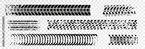 Traces of car, motorcycle tread. Curved realistic traces of tires of wheels from different types of tread vector png. Car wheels on disks.	