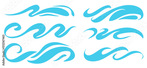 Blue ocean wave icons set. Abstract marine water curves, decorative splashes, swirl lines, and aqua contours. Tsunami, tide, storm elements for sea, ocean, and nautical design. Vector illustration