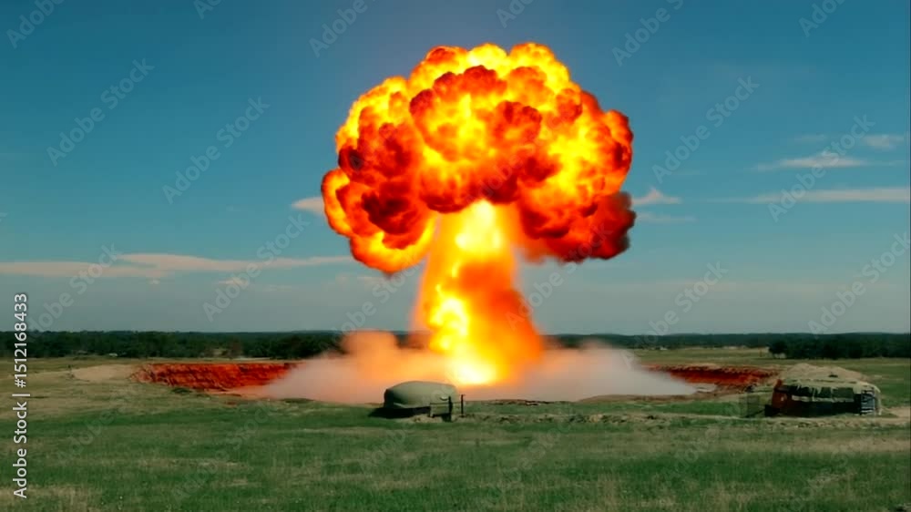 Dramatic explosion in a vast landscape with smoke and fire illuminating the sky