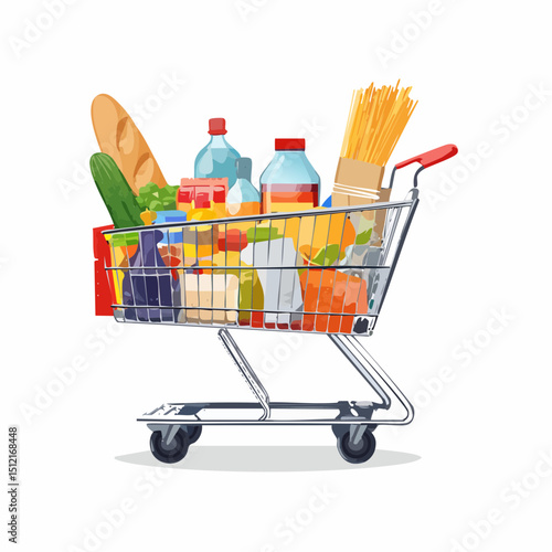 Full Shopping Cart of Groceries Vector Illustration