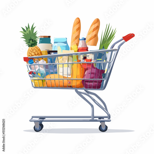 Full Shopping Cart of Groceries and Household Items Vector Illustration