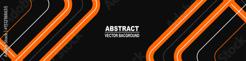 Black abstract wide horizontal banner with orange white and gray lines, arrows and angles. Dark modern sporty bright futuristic horizontal abstract background. Wide vector illustration EPS10.