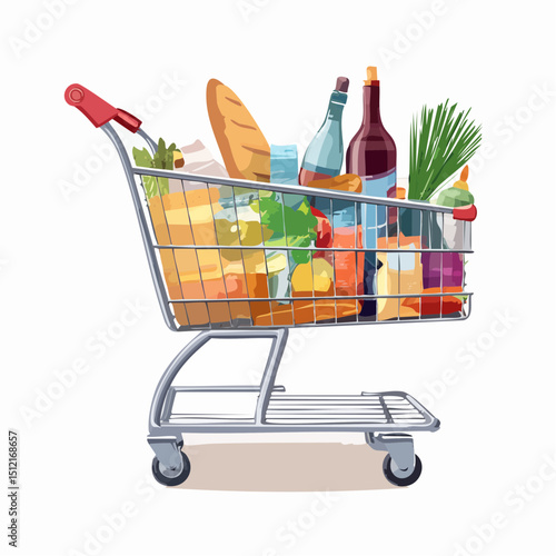Full Shopping Cart of Groceries Vector Illustration