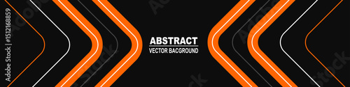 Black abstract wide horizontal banner with orange white and gray lines, arrows and angles. Dark modern sporty bright futuristic horizontal abstract background. Wide vector illustration EPS10.