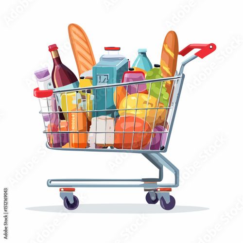 Full Shopping Cart of Groceries Vector Illustration of Supermarket Items