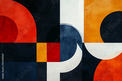 Abstract Geometric Art Red Orange Blue White Black Color Block Design