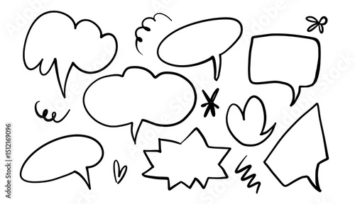 Crayon doodle speech bubble set with cute hand-drawn frames and text boxes. Colorful chalk crayon talk balloons for kids, perfect for text and dialog clouds. Vector illustration