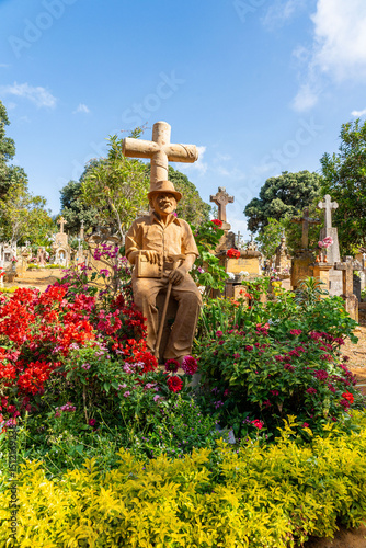 Stone statues with a cross in the cemetery of Barichara, a town in Santander, Colombia