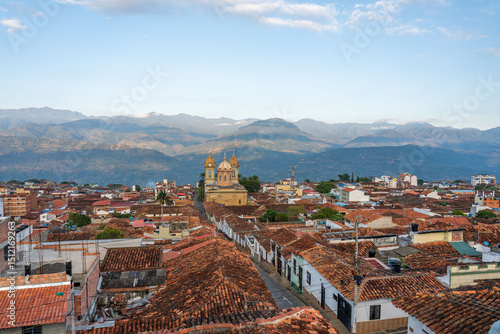 Socorro city panorama in santander region in Colombia with mountains landscape and cathedral church 