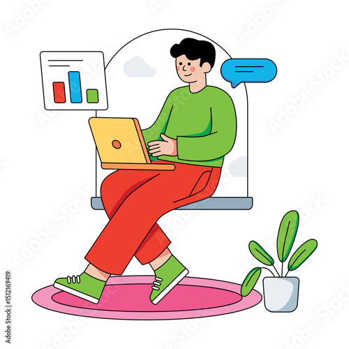 Remote working illustration in flat design available for instant download