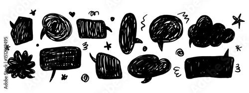 Speech bubble chalk vector set, hand drawn crayon doodle balloon kit, cloud message. Talk dialog communication frame, hearts, arrow, question. Chalk marker speech bubble drawing box