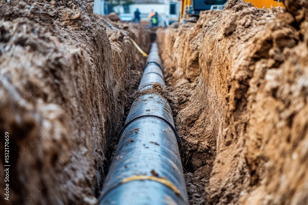 Excavation trench showing utility pipe installation Excavation trench showing utility pipe installation
