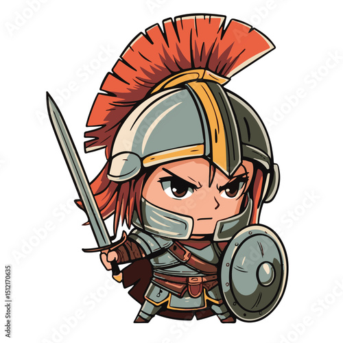 Cartoon vector illustration shows a medieval knight warrior with sword art