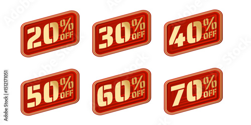 Different percent discount red sticker and price tag set, sell off up to 20, 30, 40, 50, 60, 70 percent, isolated vector illustration	