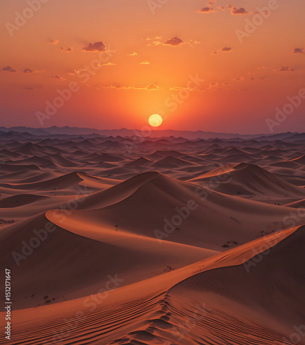 Vector landscape of Algerian dunes under gradient sunset sky.