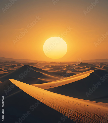 Vector landscape of Algerian dunes under gradient sunset sky.