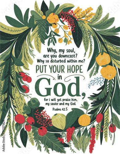 Why, My Soul, Are You Downcast? Psalm 42:5 Bible Verse Wreath Illustration – Hope in God Christian Floral Art with Hand-Drawn Leaves, Flowers and Berries on White Background