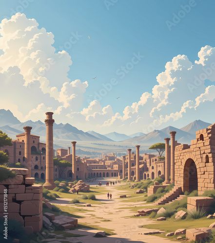 Vector of Roman ruins and arches scattered across Algeria.