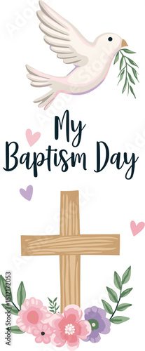 Elegant baptism design with a wooden cross, floral arrangement, dove with olive branch, and soft pastel colors. Perfect for religious events and invitations