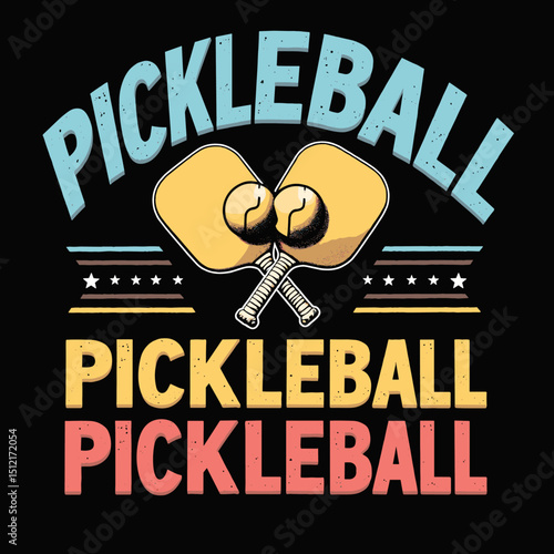 Vintage pickleball design with crossed paddles and colorful retro text repeated three times. Fun and stylish composition for sporty prints