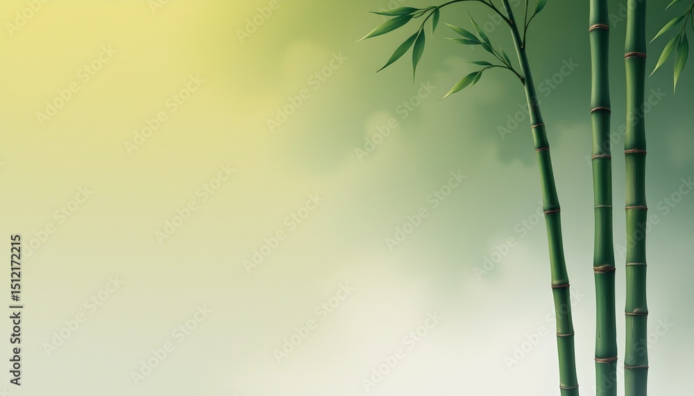 Fototapeta premium a bamboo twilight gradient background transitioning from a deep green to a soft bamboo yellow, then to a pale gray, and finishing with a misty white, with a smooth and natural blend.
