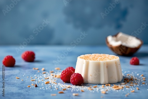 Creamy Coconut Panna Cotta Dessert with Raspberries Blue Background