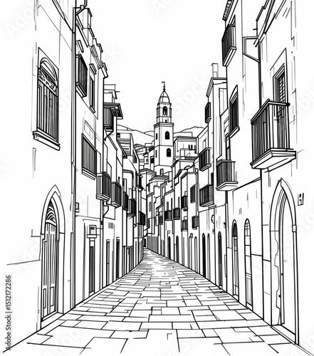 Line-art vector of historical Algerian medinas and narrow alleys.
