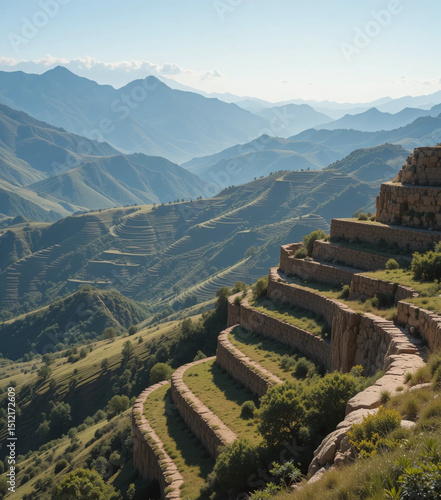 Vector of Algerian highlands with terraced rock walls.
