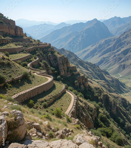 Vector of Algerian highlands with terraced rock walls.