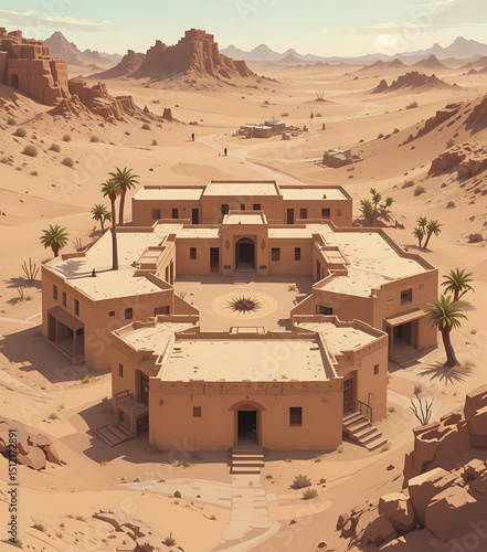 Vector of flat-roofed desert buildings grouped around courtyards.