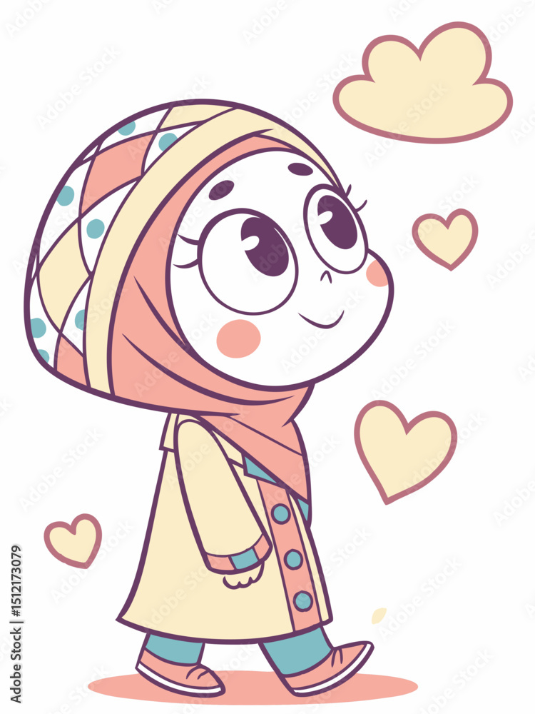 Vector sketch Smiling Muslim character in a kawaii style. illustration Vector sketch Smiling Muslim character in a kawaii style. illustration