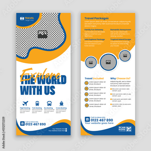 Double-sided Travel Agency Rack Card and DL Flyer Template. Showcase your travel services, packages, and tours in a sleek, professional design. Perfect for your marketing needs