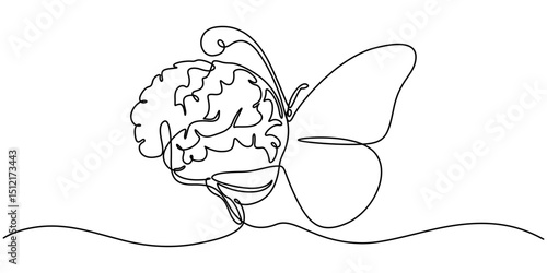 Butterfly emerging from a brain in one line drawing. Personal transformation in psychology, Butterfly emerging from a brain in continuous one line drawing. Transformation and mental growth. Editable.