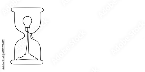 hourglass launching with light bulb continuous one line drawing, Single continuous line drawing hourglass launching with light bulb. The best time for a startup. Business deadline. Metaphor of space.